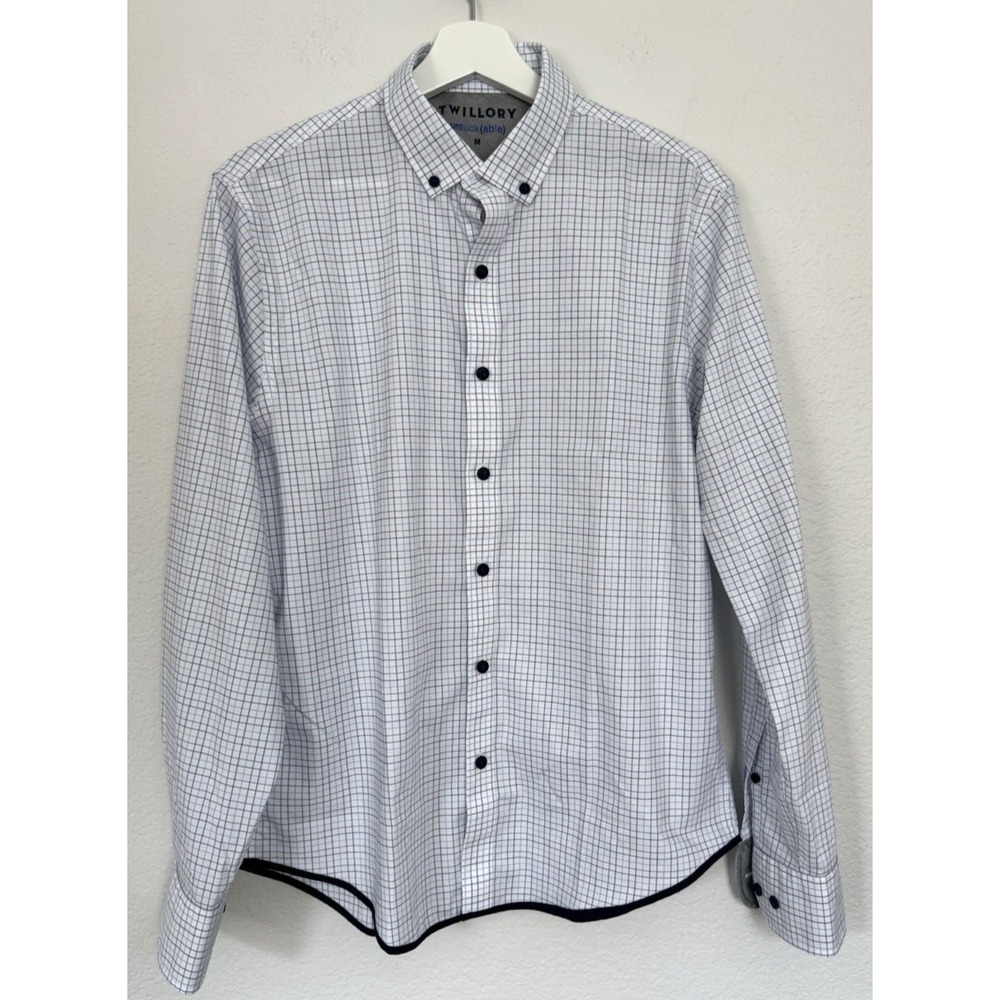 Twillory Untuckable‎ White Dress Shirt Button Front Mens Medium Blue Black Check